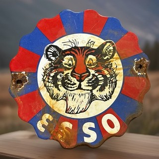 Vintage 6” ESSO Gas Oil Tiger Logo Wavy Porcelain Enamel Metal Pump Plate Sign