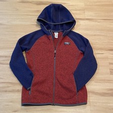 LL Bean Sz Large 14-16 Sweater Fleece Full Zip Hooded Colorblock Orange Blue
