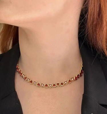 12Ct Heart Cut Lab Created Red Ruby Bezel Tennis Necklace 14k Yellow Gold Plated