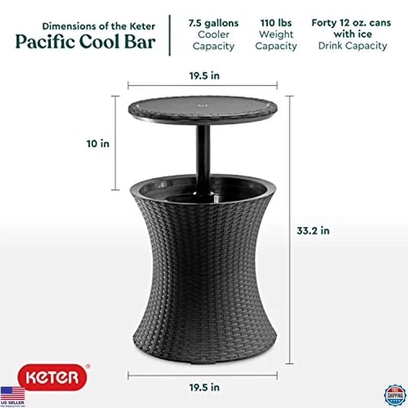 Keter Pacific Cool Bar 7,5 galões mesa de pátio ao ar livre e refrigerador de vinho, cinza escuro - Imagem 3 de 4