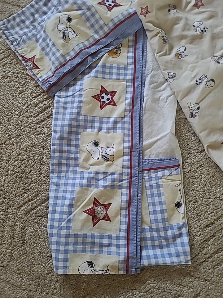 Baby Snoopy Crib Sheet Bed Skirt & Two Valance Little Champ Sports Star Peanuts - Image 2 of 4