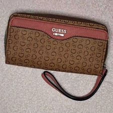 GUESS Women s Brown/Pink Logo Wristlet Wallet, Zip Closure, Credit Card Slots