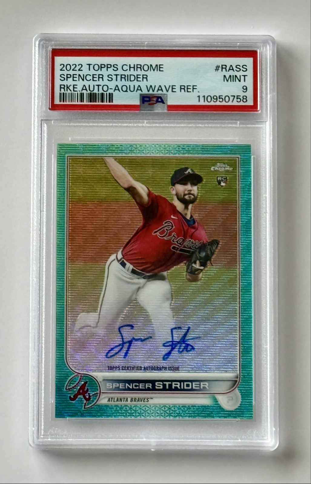 2022 Topps Chrome Spencer Strider Rookie On Card Auto Aqua Wave Ref. /199 PSA 9