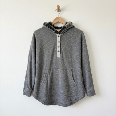 Soft Surroundings Gray Henley Hoodie Faux Fur Trim Hood Kangaroo Pocket 4891