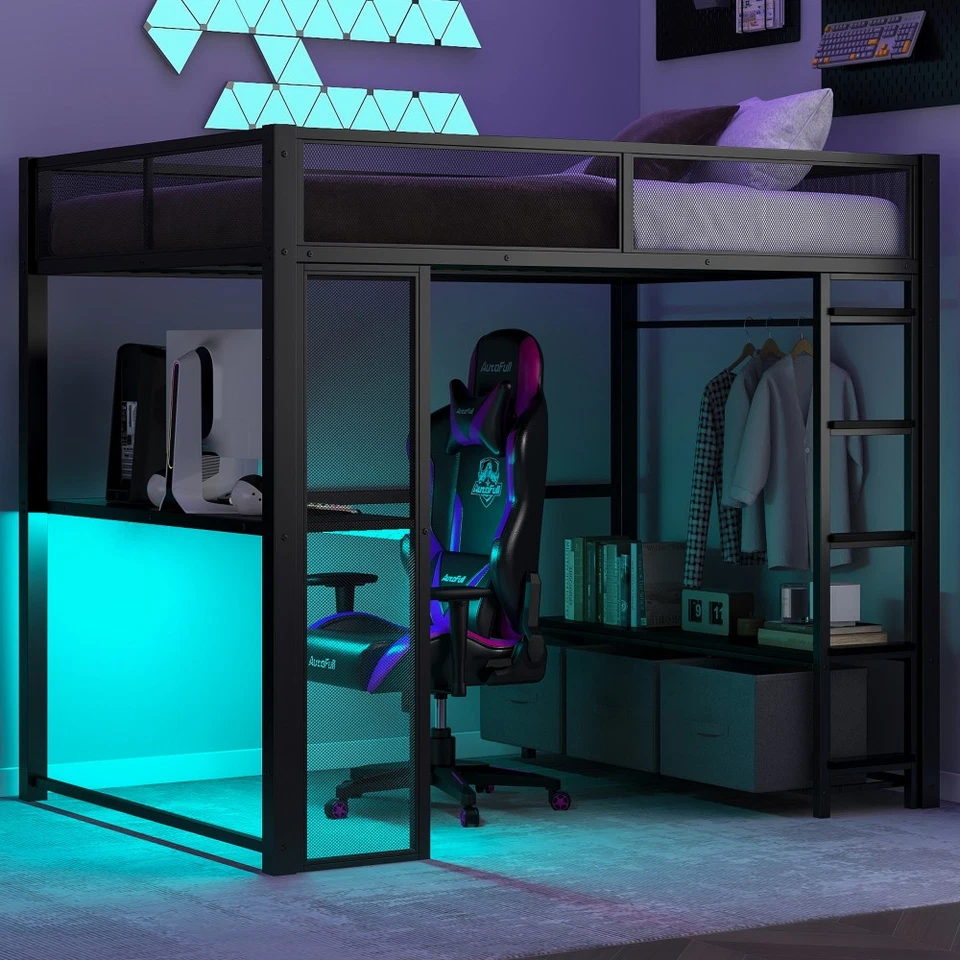 Full Size Metal Gaming Loft Bed with LED, Desk,Open Wardrobe and 3 Linen Storage - Image 3 of 4