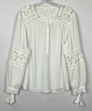 SOHO New York & Co Women L White Blouse Top Lace Details Tie Wrist Romantic