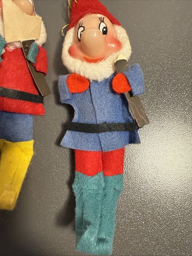 Vintage 1960s 3 Dwarf Elf Gnome Felt Christmas Ornaments 5" Tall Pixies - Picture 2 of 5