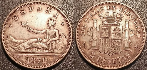 Spain - Temporary Government - 2 Pesetas Silver 1870 DE-M Silver TTB+ ! - 第 1/1 張圖片