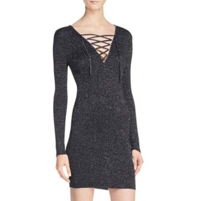 ASTR the Label Cleo Black Gold Shimmer Metallic Mini Dress Long Sleeve Lace  Up | eBay