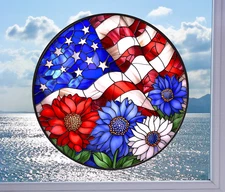 American Flag WINDOW CLING Sun-catcher Size 8" Round ~ Repositionable Vinyl