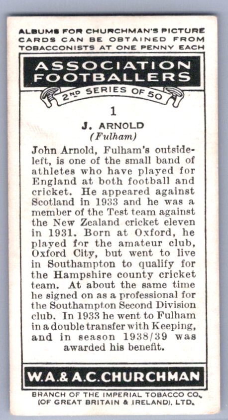 1939 Churchman's Association Footballers - John Arnold #1
