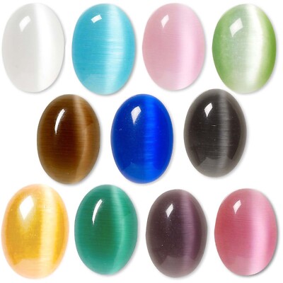 3 Grade A Glass Cat Eye 14mm x 10mm Oval Flat Jewelry Cabochon Embellishments