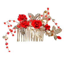 Handmade Vintage Red Rose Hair Comb Gold and Red Flower with Crystal on Metal