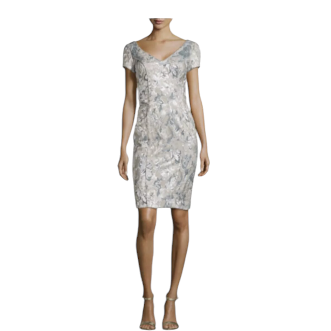 THEIA Brocade Design Metallic Silver Gray Floral Cocktail Dress Size 8 NWOT
