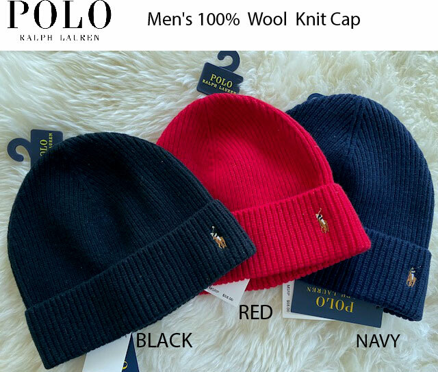 Polo Ralph Lauren Men's 100% Wool PONY Knit Hat Beanie Black Red Navy