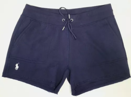 $80 Polo RALPH LAUREN Womens SMALL Navy Magic FLEECE Cut Off SHORT POLO Pony Tie