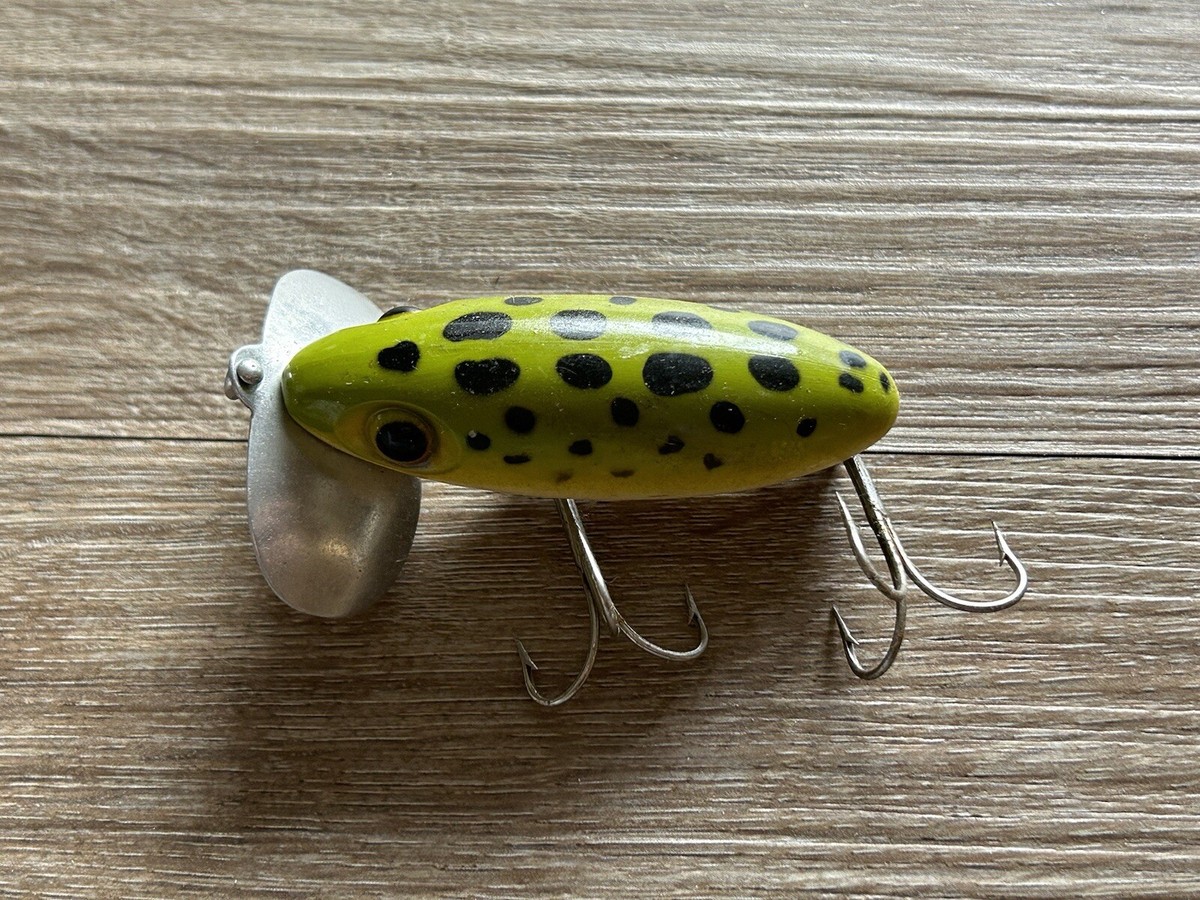 ルアー・フライ USED OLD FRED ABOGAST JITTERBUG WAR II 3 Vintage Fred Arbogast Jitterbug Green Spotted Frog Fishing