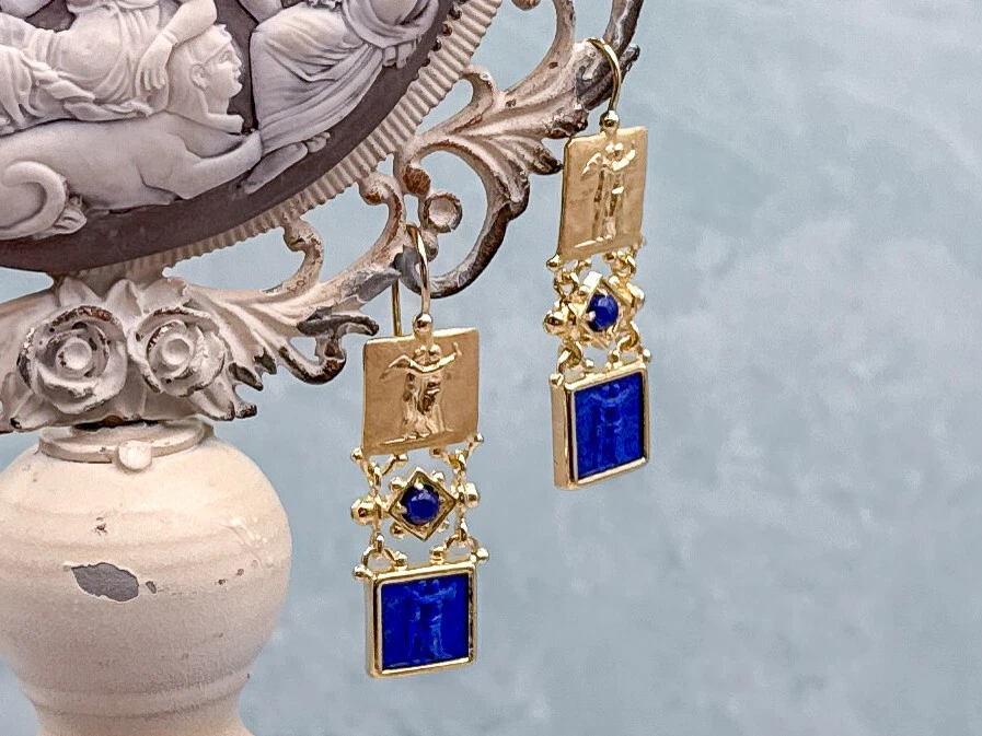 Pendientes camafeo TAGLIAMONTE (2318E) 925/YGP lapislázuli*psique, amore*reg. $225 Foto 2 de 4