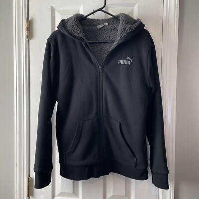 Puma Black Hoodie Youth Large 14/16 Gray Logo Full Zip Pockets