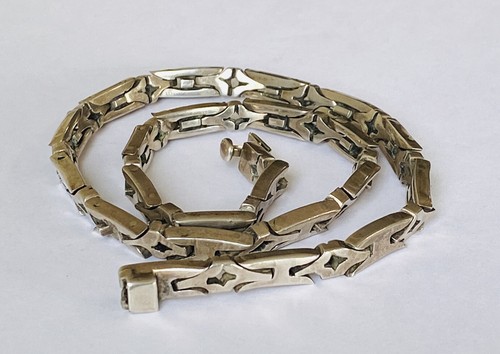 Vintage Sterling silver Heavy Taxco Mexico Geometric Link Chain Choker Necklace - Picture 3 of 18