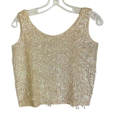 Vintage Sequined Cocktail Tank Top/Shell w/Beaded Tassels - Size SMALL - Ivory