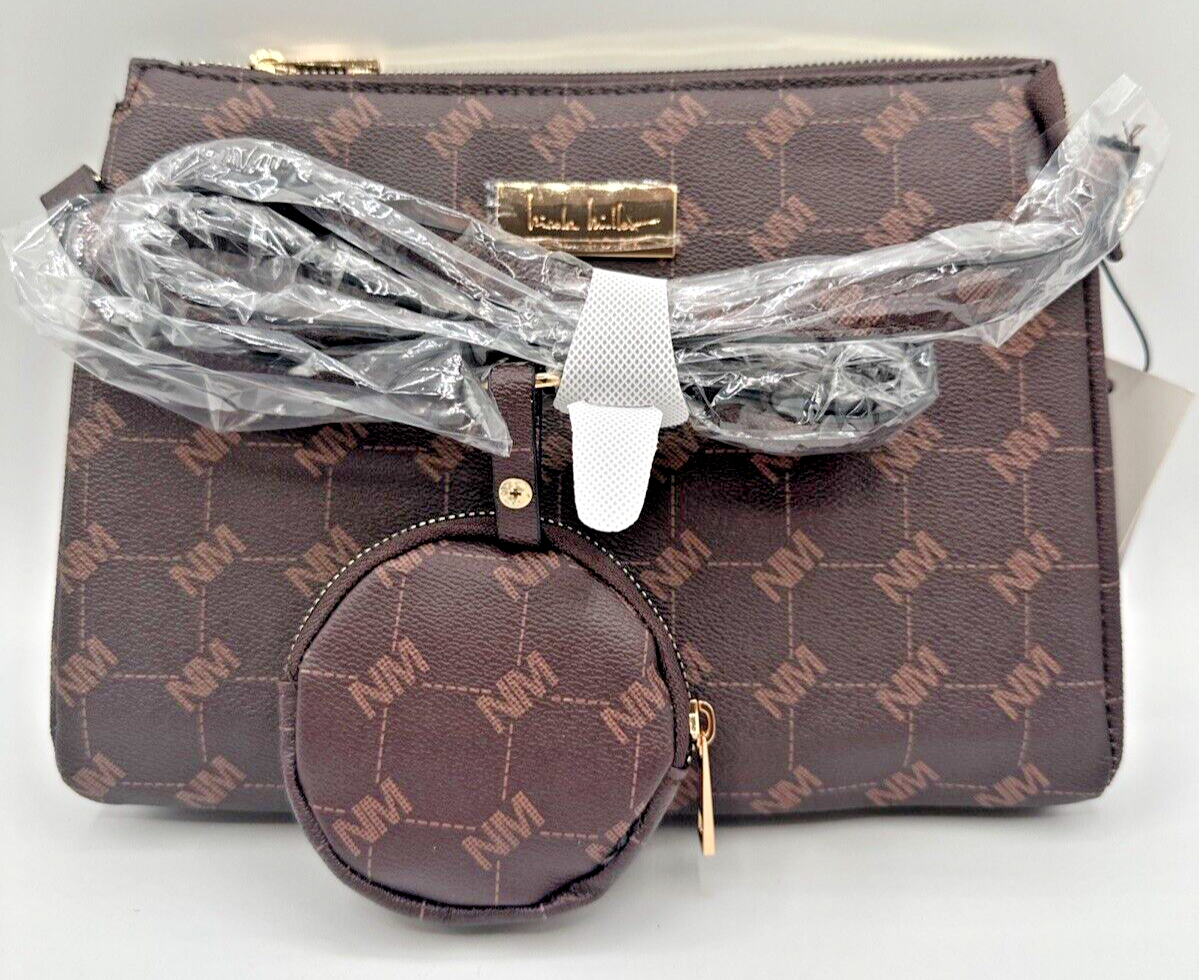 Nicole Miller Purse W/ Pouch Brown Logo Gold Hardware Shoulder