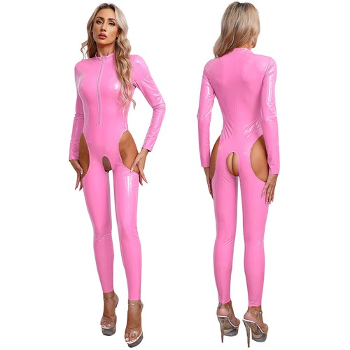 UK Women Shiny Leather Jumpsuit Zipper Front Bodysuit Nightclub Latex Catsuits - Picture 16 of 55