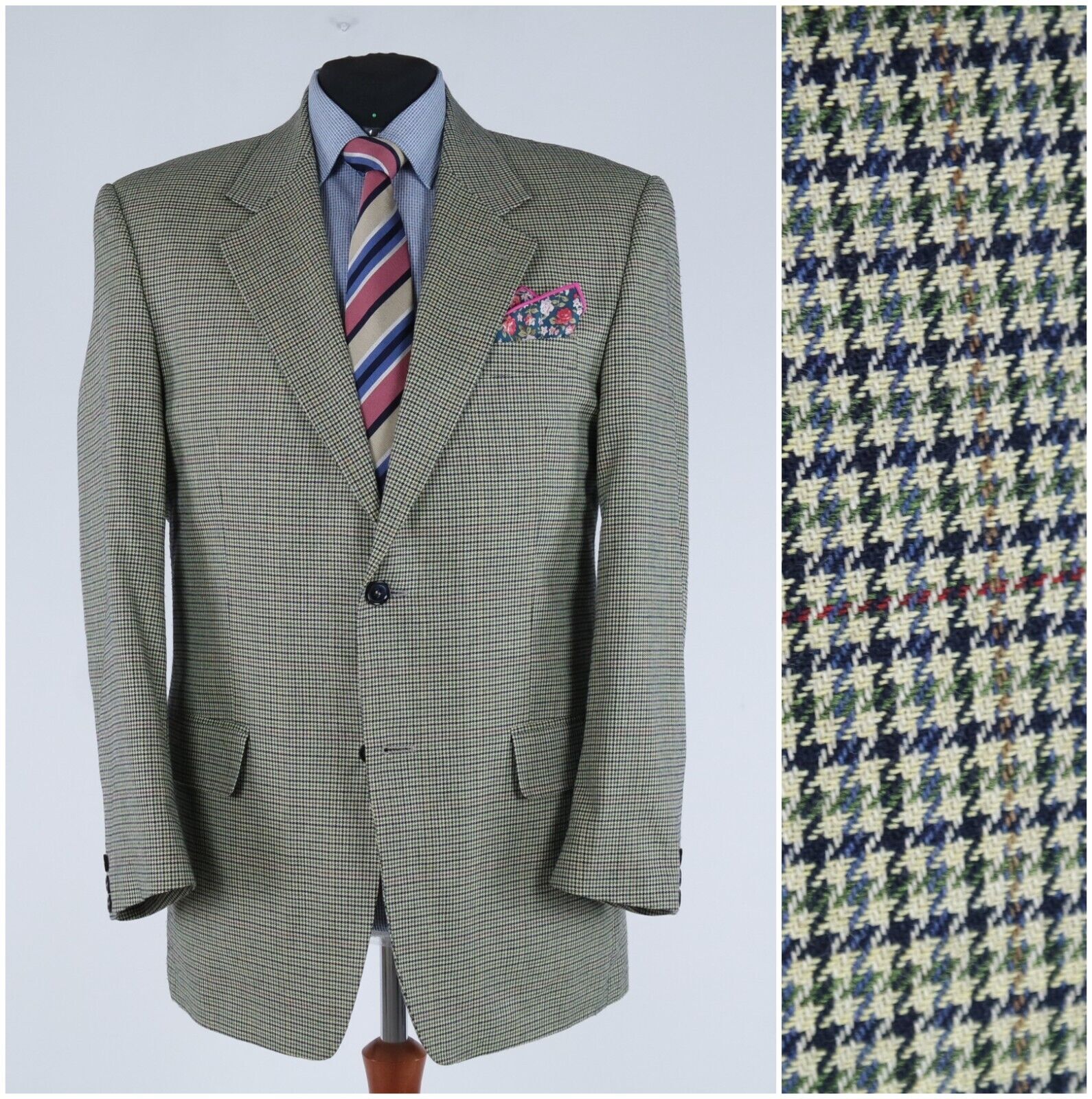 Mens Houndstooth Sport Coat 44R US Size Plaid Viscose Blazer Vintage