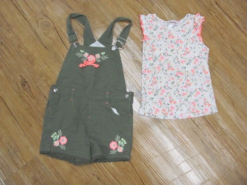 Girls Overalls Little Lass Green Floral Bib Shortalls With Cute Top Size 6X - Picture 2 of 6