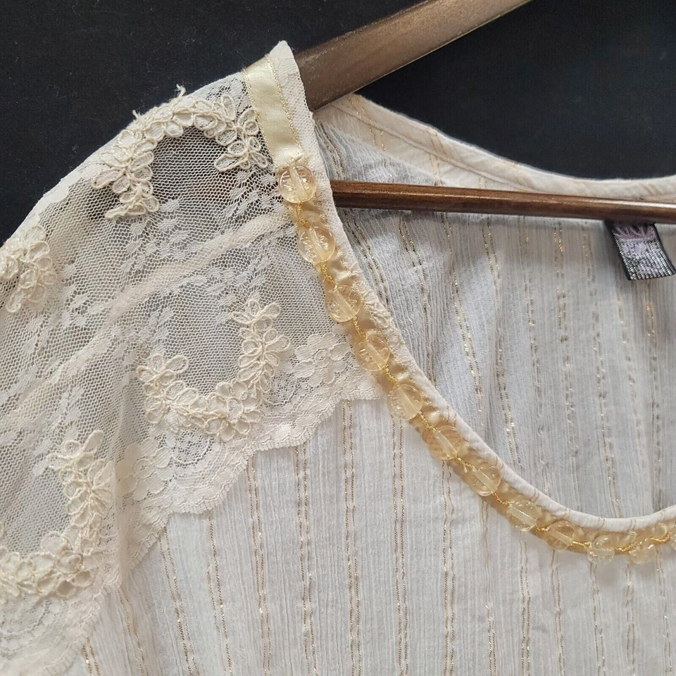 Free People 女式透明金属波西米亚上衣 S 码奶油色蕾丝刺绣吉普赛人 — 第 3/4 张图片