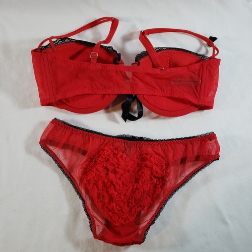 Victoria's Secret Sexy Little Things Bra Bikini Set 36D S Red Heart Ruffle - Picture 2 of 9
