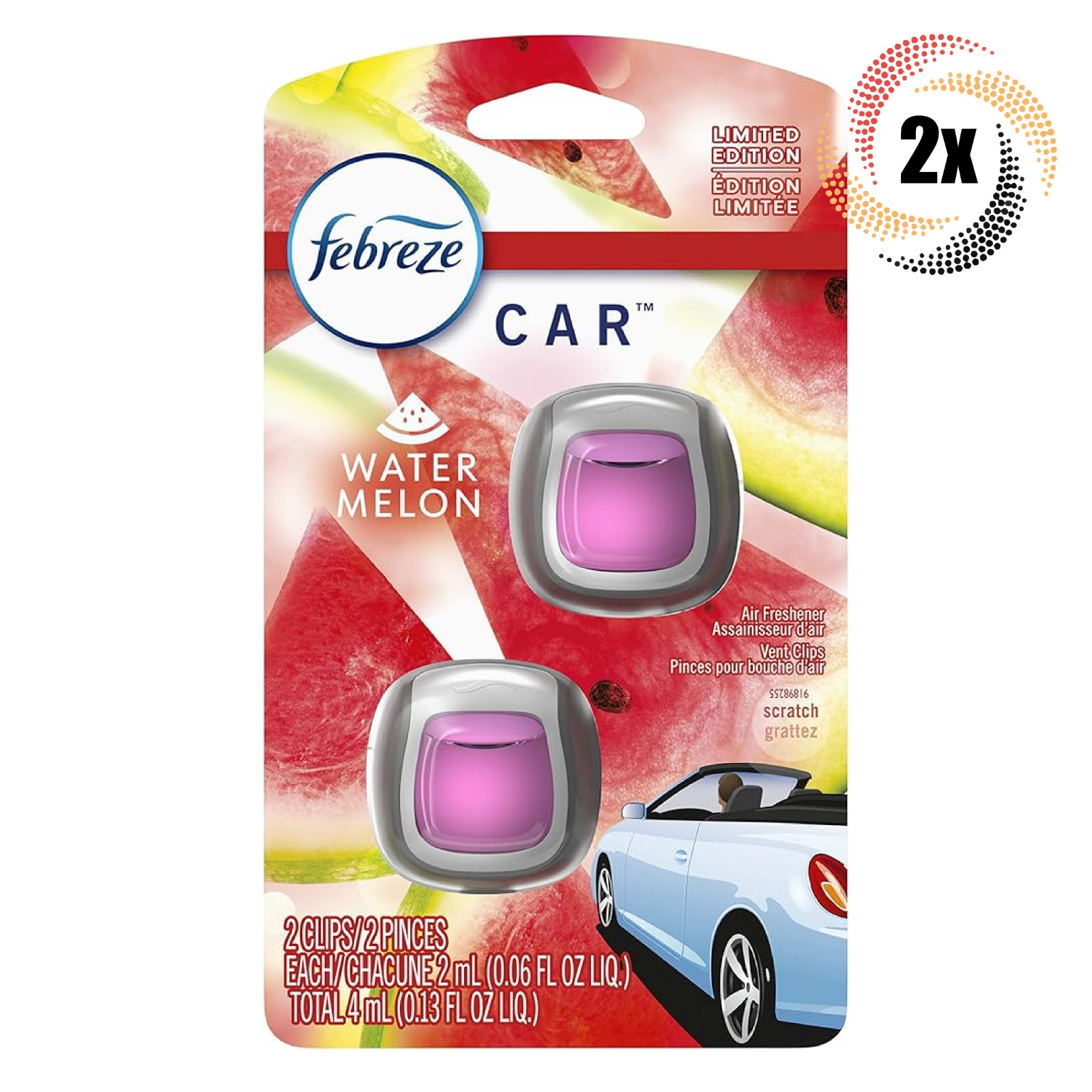 2 Упаковки освежителя воздуха Febreze с ароматом арбуза для автомобиля по 2 штуки в каждой по 4 мл 4590₽