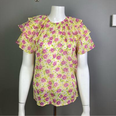 Banjanan top XS puff sleeve yellow floral pink colorful gauzy tropical batik