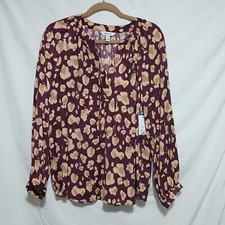 Nine West Animal Print Blouse Long Sleeve Tie Neck Top Plum Purple L