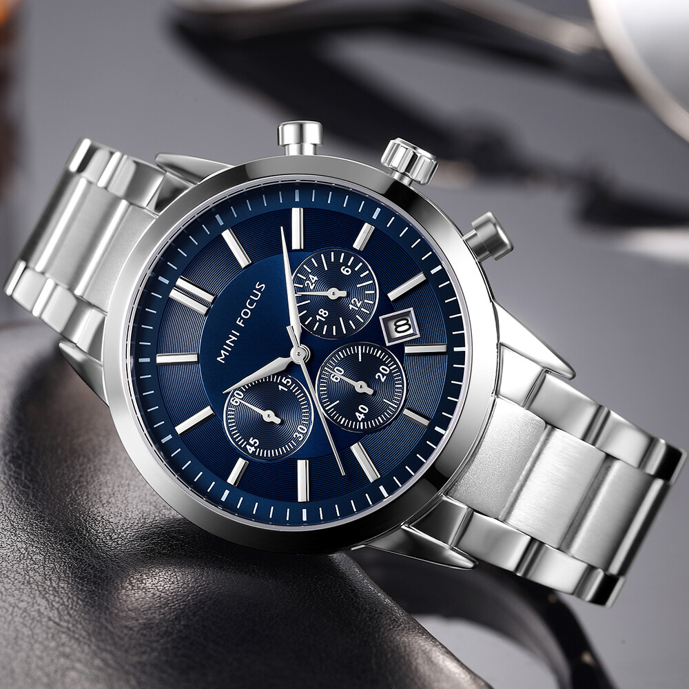 Orologio Uomo Mini Focus Cronografo – Impermeabile, Acciaio Inox, Quarzo Giapponese, Con Data E Fasi Lunari, Nero