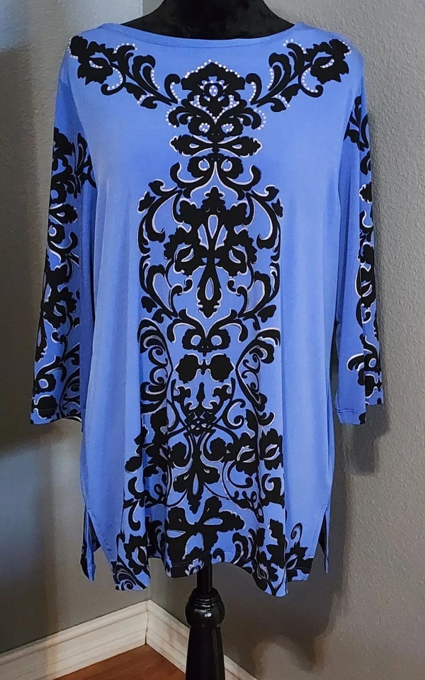 Camiseta túnica azul JM Collection XL negra con estampado barroco manga 3/4 elástica Foto 2 de 4