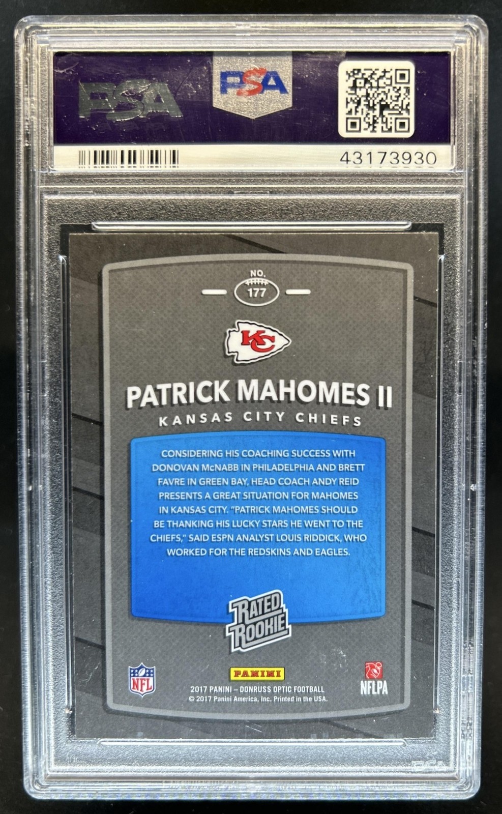 2017 Panini Donruss Optic Patrick Mahomes II RC Rated Rookie #177 Chiefs PSA 10 view 2