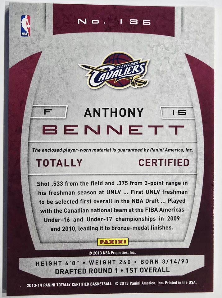 2013-14 Panini Totally Certified Anthony Bennett Jersey Patch Rookie #185 Silver - Image 2 of 2