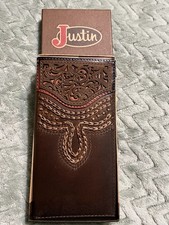JUSTIN BOOTS Men  s Long Leather Rodeo Cowboy Wallet Etched Western Design New