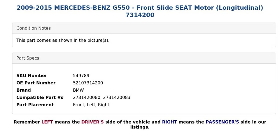 Mercedes-Benz G550 2009-2015 - Motor asiento delantero extensión (longitudinal) 7314200 Foto 4 de 4