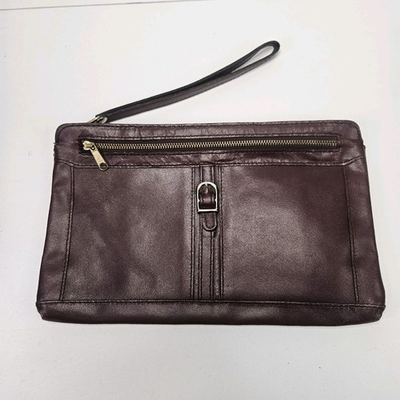 #ad Vtg Pacific Connections Burgundy Brown Leather Clutch Purse Buckle Preppy $29.00