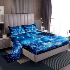 Tree Bed Sheets Kids Boys Shiny Reindeer TWIN W39 L75 H16" Blue Christmas