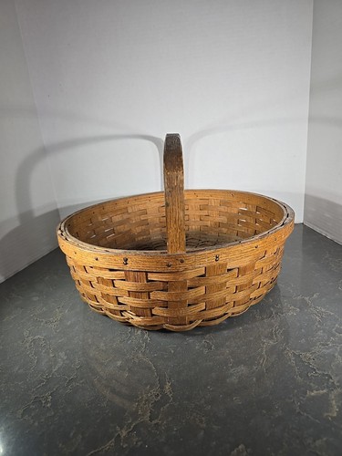 Antique Split Oak Round Gathering Basket w/ One Fixed Bentwood Oak Handle c1900 - Picture 2 of 14