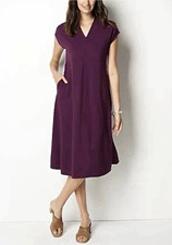 J. Jill Purple Solid Knit V-Neck Cap Sleeve A-Line Midi Dress Pockets PS