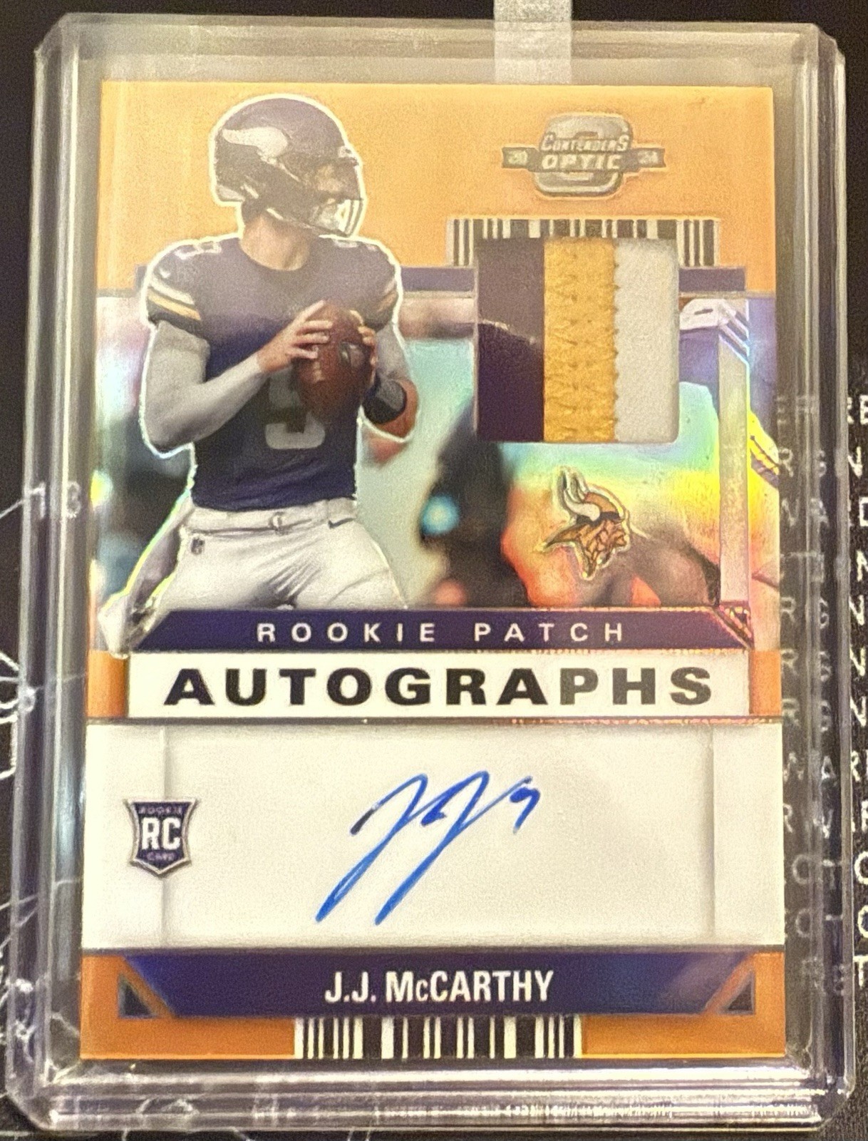 2024 Optic Contenders JJ McCarthy Orange 3 Color Patch Auto /25 RPA