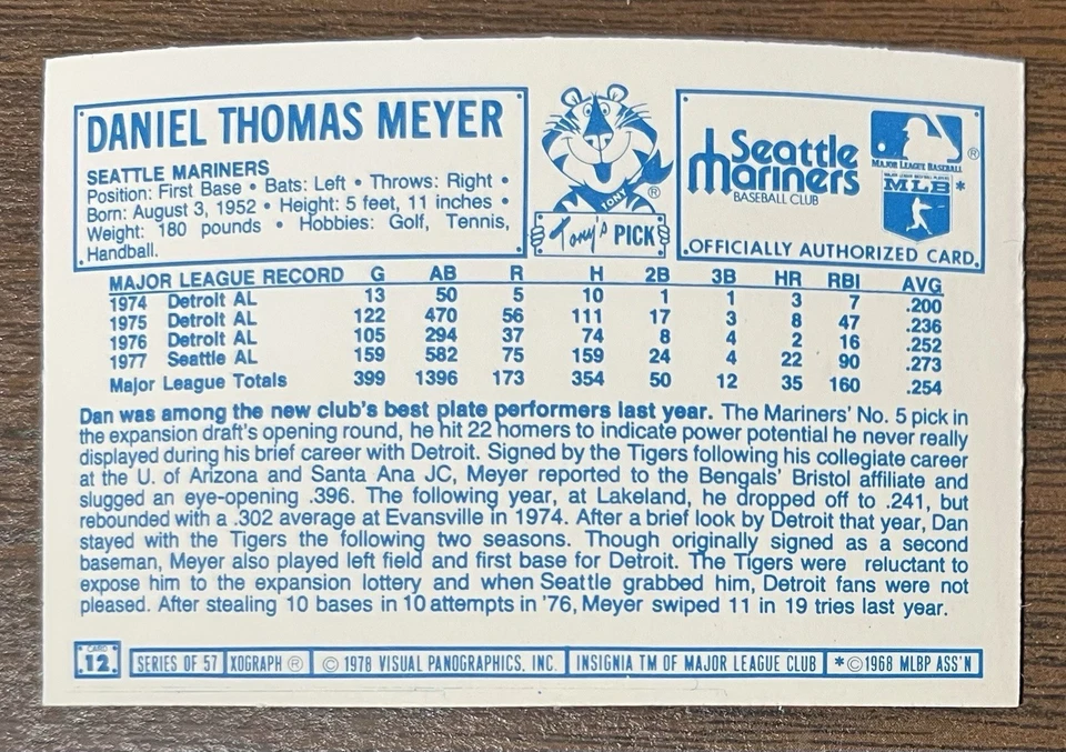 DAN MEYER 1978 KELLOGG’S BASEBALL CARD NM # 12 SEATTLE MARINERS - Image 2 of 4