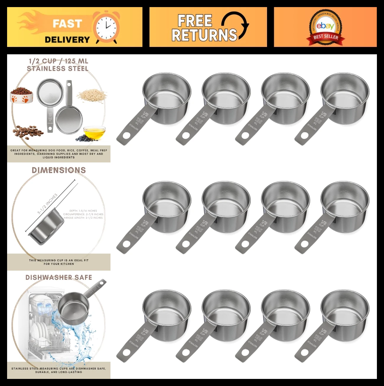 Stainless Steel 1/2 Cup Measuring Cup - 125ml, 4oz - Durable for Wet/Dry Ingredi