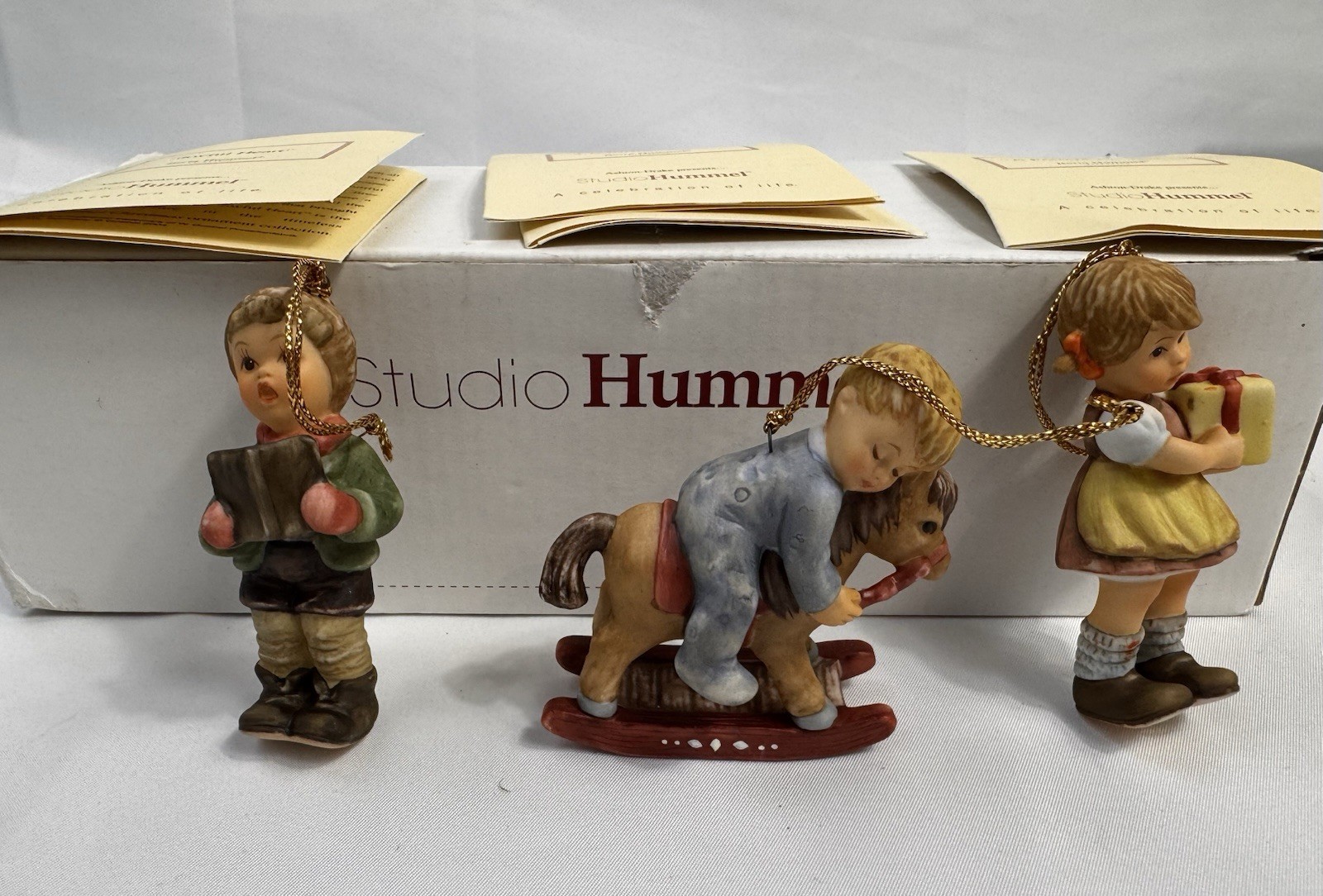 3 Berta Hummel Christmas Figurine Ornament Goebel Boy Rocking Horse Girl Present