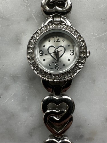 Accutime Silver Tone Heart Link Watch Stainless Steel Stone Bezel | Working - Picture 3 of 9