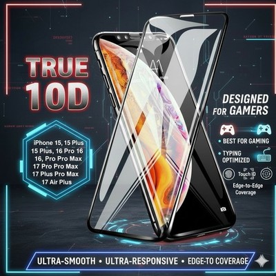10D Gamer Hartglas Displayschutzfolie für iPhone 15, 16, 17 Air Pro Plus Max
